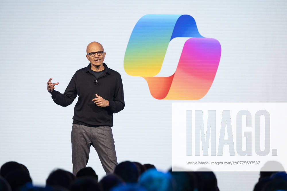 Microsoft AI Tour held at the London Hilton Microsoft AI Tour held at the London Hilton on Park Lane. Picture: Keynote speaker and Microsoft CEO Satya Nadella. 21.10.2024