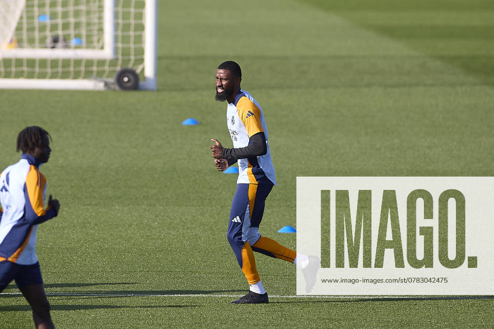 Real Madrid CF Training Session and Press Conference in Madrid, Spain - 03 Dec 2024 Antonio Rudiger of Real Madrid CF warms up during the training session on the eve of the 2024 2025 La Liga EA Sports week 19 football match between Athletic Club and Real Madrid CF at Ciudad Real Madrid. Madrid Spain