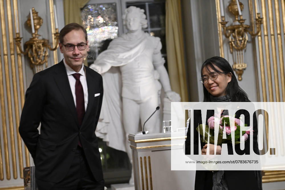 STOCKHOLM, SWEDEN 20241207 Mats Malm, Permanent President of the Swedish Academy, and Nobel Laureate in Literature Han Kang after this years Nobel Prize Lecture in Literature at the Swedish Academy on Saturday STOCKHOLM SWEDEN