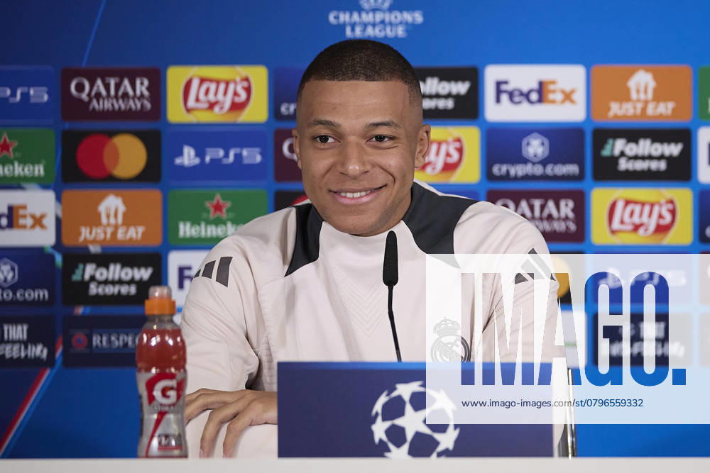 Real Madrid CF training session and press conference - 21 Jan 2025 Kylian Mbappe of Real Madrid CF attends a press conference on the eve of the 2024 2025 UEFA Champions League week 7 football match between Real Madrid CF and RB Salzburg at Ciudad Real Madrid. Madrid Spain