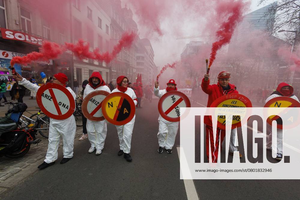 Protesters pictured during a national demonstration against the new government declaration, organized by the three national trade unions, Thursday 13 February 2025 in Brussels. NICOLASxMAETERLINCK 112369181