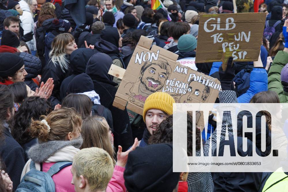 Protesters pictured during a national demonstration against the new government declaration, organized by the three national trade unions, Thursday 13 February 2025 in Brussels. NICOLASxMAETERLINCK 112369448