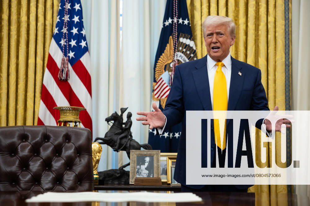 President Donald Trump speaks with reporters in the Oval Office at the White House Feb. 21, 2025. (Francis Chung POLITICO)