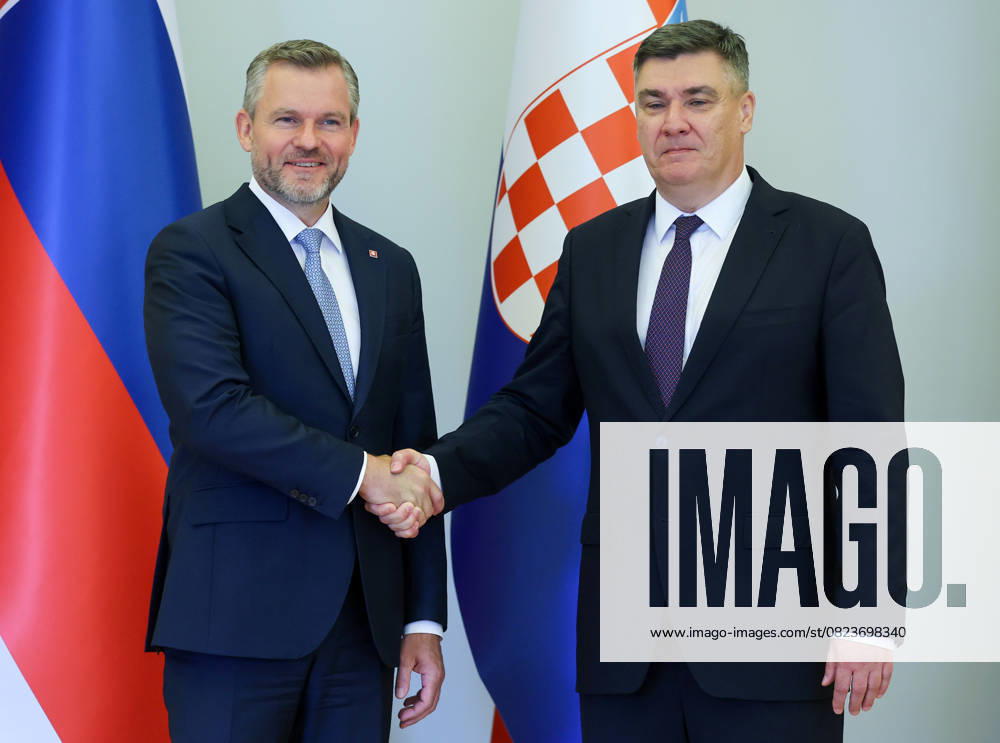 Slovakia Official Visit Croatia President Slovakia Peter Pellegrini meets Croatia President Zoran Milanovic during Slovakia delegation one-day official visit to the Republic of Croatia at Presidential Palace in Zagreb, Croatia on July 1, 2025. SanjinxStrukic PIXSELL
