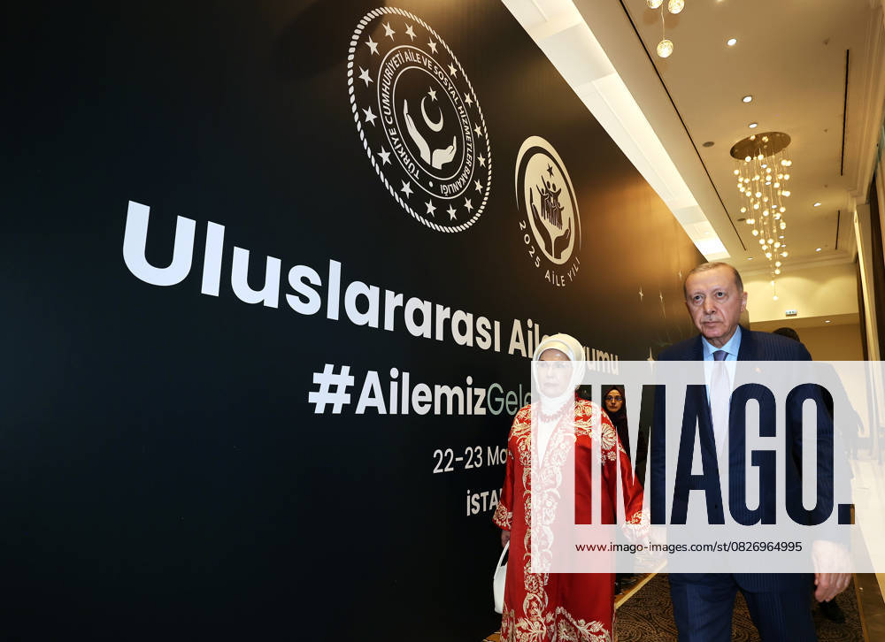 Turkish President Erdogan attends the International Family Forum??????? ISTANBUL, TURKIYE - MAY 23: (---- - MANDATORY CREDIT - TURKISH PRESIDENCY MURAT CETINMUHURDAR HANDOUT - NO MARKETING NO ADVERTISING CAMPAIGNS - DISTRIBUTED AS A SERVICE TO CLIENTS----) Turkish President Recep Tayyip Erdogan and his wife Emine Erdogan attend the International Family Forum in Istanbul, Turkiye on May 23, 2025. Istanbul Turkey. Editorial use only. Please get in touch for any other usage.