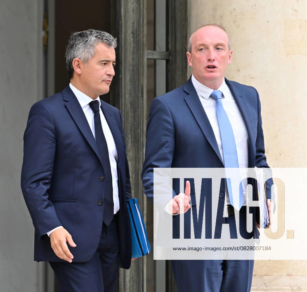 French government weekly cabinet meeting PARIS, FRANCE - JULY 30: French Interior Minister Gerald Darmanin (L) and French Minister of Public Action, Civil Service and Simplification, Laurent Marcangeli (R) talk as they leave following the weekly cabinet meeting at the Elysee Palace in Paris, France on July 30, 2025. Mustafa Yalcin Anadolu Paris France. Editorial use only. Please get in touch for any other usage.