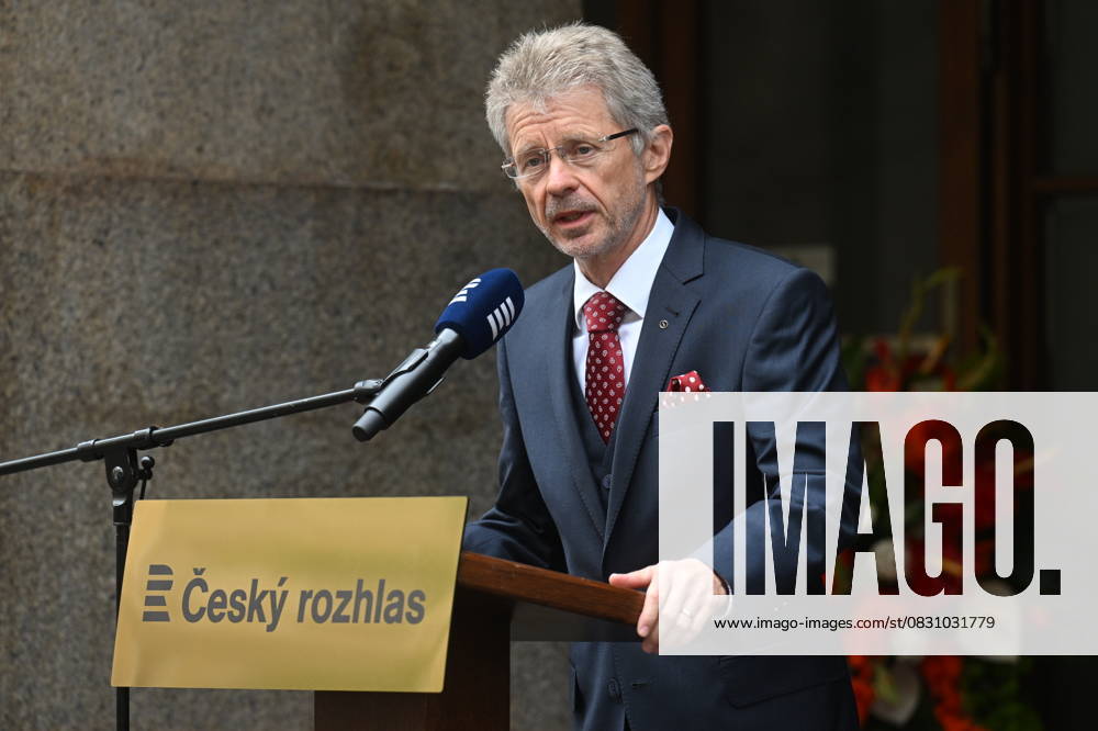 Czech Senate President Milos Vystrcil speaks during the meeting to commemorate the 57th anniversary of occupation of Czechoslovakia by Warsaw Pact troops in front of Czech Radio building in Prague, Czech Republic, August 21, 2025. (CTKxPhoto MichaelaxRihova) CTKPhotoP2025082102877 CTKPhotoP2025082102877