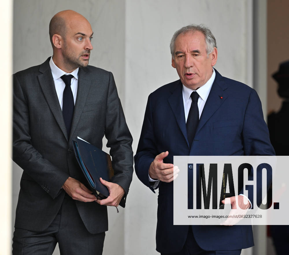 French government weekly cabinet meeting PARIS, FRANCE - SEPTEMBER 3: French Prime Minister Francois Bayrou (R) and French Minister for Europe and Foreign Affairs Jean-Noel Barrot (L) leave following the weekly cabinet meeting at the Elysee Palace in Paris, France on September 3, 2025. Mustafa Yalcin Anadolu Paris France. Editorial use only. Please get in touch for any other usage.