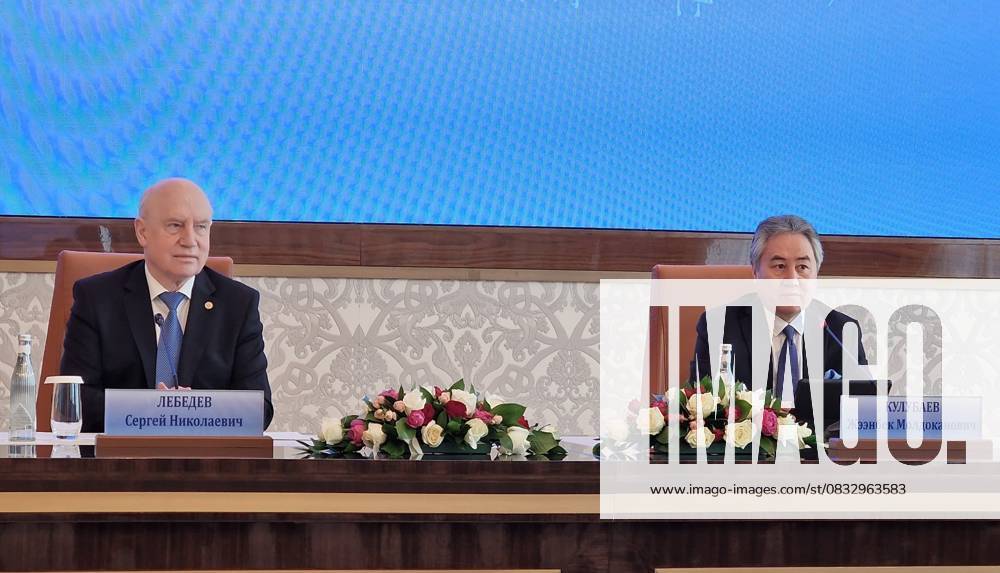 Commonwealth of Independent States summit in Samarkand, Uzbekistan TASHKENT, UZBEKISTAN - APRIL 14: Kyrgyzstan Foreign Minister Jeenbek Kulubayev (R) and CIS Executive Committee Chairman Sergey Lebedev (L) hold a press conference after attending Foreign Ministers of the Commonwealth of Independent States summit at the Congress Center in Samarkand, Uzbekistan on April 14, 2023. Taskent Uzbekistan. Editorial use only. Please get in touch for any other usage.