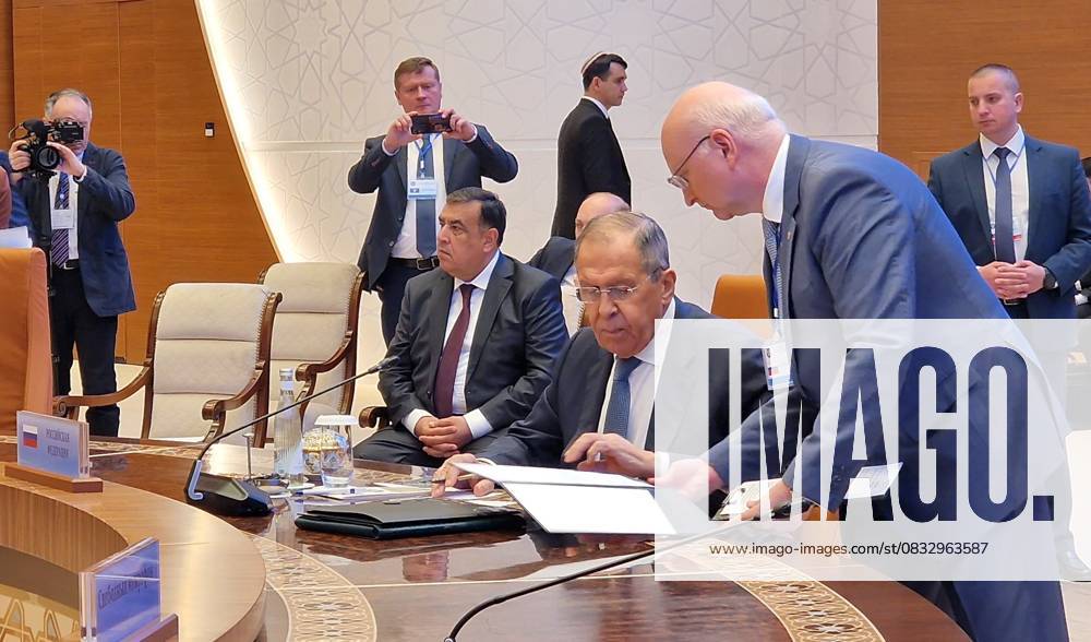 Commonwealth of Independent States summit in Samarkand, Uzbekistan TASHKENT, UZBEKISTAN - APRIL 14: Russian Foreign Minister Sergey Lavrov attends Foreign Ministers of the Commonwealth of Independent States summit at the Congress Center in Samarkand, Uzbekistan on April 14, 2023. Deputy Minister of Foreign Affairs of Uzbekistan, Bakhtiar Saidov, Foreign Minister of Russia Sergey Lavrov, Deputy Prime Minister and Minister of Foreign Affairs of Kazakhstan Murat Nurtileu, Minister of Foreign Affairs of Kyrgyzstan Jeenbek Kulubayev, Minister of Foreign Affairs of Armenia Ararat Mirzoyan, Minister of Foreign Affairs of Belarus Sergey Aleynik. Deputy Minister of Foreign Affairs of Azerbaijan Halaf Halafov, Deputy Minister of Foreign Affairs of Tu