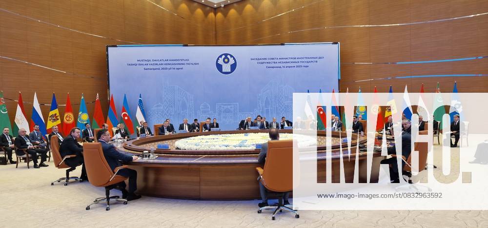 Commonwealth of Independent States summit in Samarkand, Uzbekistan TASHKENT, UZBEKISTAN - APRIL 14: A general view of hall during Foreign Ministers of the Commonwealth of Independent States summit at the Congress Center in Samarkand, Uzbekistan on April 14, 2023. Deputy Minister of Foreign Affairs of Uzbekistan, Bakhtiar Saidov, Foreign Minister of Russia Sergey Lavrov, Deputy Prime Minister and Minister of Foreign Affairs of Kazakhstan Murat Nurtileu, Minister of Foreign Affairs of Kyrgyzstan Jeenbek Kulubayev, Minister of Foreign Affairs of Armenia Ararat Mirzoyan, Minister of Foreign Affairs of Belarus Sergey Aleynik. Deputy Minister of Foreign Affairs of Azerbaijan Halaf Halafov, Deputy Minister of Foreign Affairs of Turkmenistan Vepa H