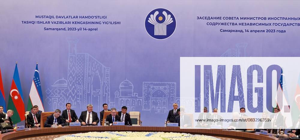 Commonwealth of Independent States summit in Samarkand, Uzbekistan TASHKENT, UZBEKISTAN - APRIL 14: A general view of hall during Foreign Ministers of the Commonwealth of Independent States summit at the Congress Center in Samarkand, Uzbekistan on April 14, 2023. Deputy Minister of Foreign Affairs of Uzbekistan, Bakhtiar Saidov, Foreign Minister of Russia Sergey Lavrov, Deputy Prime Minister and Minister of Foreign Affairs of Kazakhstan Murat Nurtileu, Minister of Foreign Affairs of Kyrgyzstan Jeenbek Kulubayev, Minister of Foreign Affairs of Armenia Ararat Mirzoyan, Minister of Foreign Affairs of Belarus Sergey Aleynik. Deputy Minister of Foreign Affairs of Azerbaijan Halaf Halafov, Deputy Minister of Foreign Affairs of Turkmenistan Vepa H