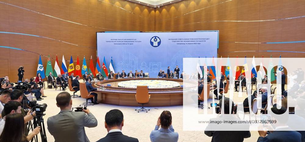 Commonwealth of Independent States summit in Samarkand, Uzbekistan TASHKENT, UZBEKISTAN - APRIL 14: A general view of hall during Foreign Ministers of the Commonwealth of Independent States summit at the Congress Center in Samarkand, Uzbekistan on April 14, 2023. Deputy Minister of Foreign Affairs of Uzbekistan, Bakhtiar Saidov, Foreign Minister of Russia Sergey Lavrov, Deputy Prime Minister and Minister of Foreign Affairs of Kazakhstan Murat Nurtileu, Minister of Foreign Affairs of Kyrgyzstan Jeenbek Kulubayev, Minister of Foreign Affairs of Armenia Ararat Mirzoyan, Minister of Foreign Affairs of Belarus Sergey Aleynik. Deputy Minister of Foreign Affairs of Azerbaijan Halaf Halafov, Deputy Minister of Foreign Affairs of Turkmenistan Vepa H