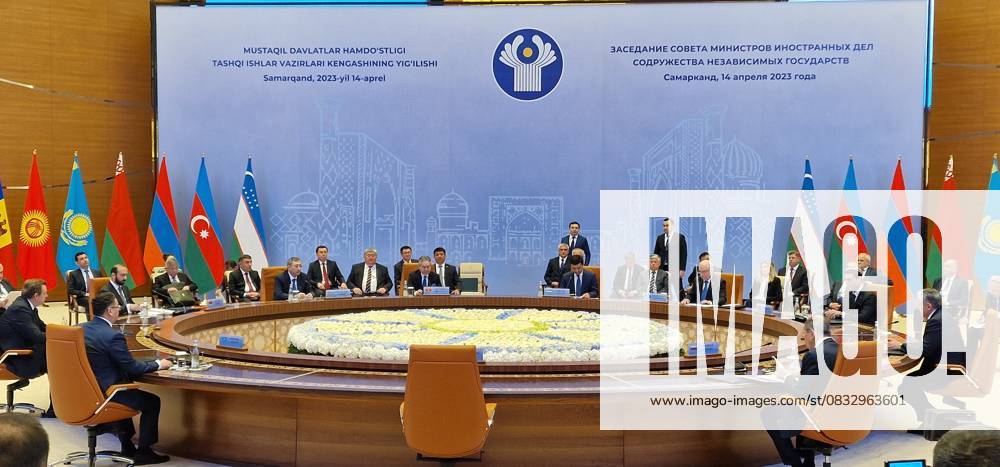 Commonwealth of Independent States summit in Samarkand, Uzbekistan TASHKENT, UZBEKISTAN - APRIL 14: A general view of hall during Foreign Ministers of the Commonwealth of Independent States summit at the Congress Center in Samarkand, Uzbekistan on April 14, 2023. Deputy Minister of Foreign Affairs of Uzbekistan, Bakhtiar Saidov, Foreign Minister of Russia Sergey Lavrov, Deputy Prime Minister and Minister of Foreign Affairs of Kazakhstan Murat Nurtileu, Minister of Foreign Affairs of Kyrgyzstan Jeenbek Kulubayev, Minister of Foreign Affairs of Armenia Ararat Mirzoyan, Minister of Foreign Affairs of Belarus Sergey Aleynik. Deputy Minister of Foreign Affairs of Azerbaijan Halaf Halafov, Deputy Minister of Foreign Affairs of Turkmenistan Vepa H