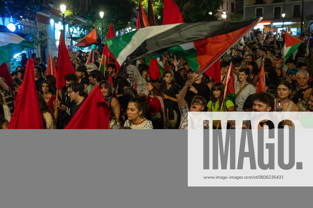 Protesters hold Palestinian flags during a pro-Palestinian demonstration in the Lavapiàs neighborhood of Madrid. Madrid Spain - ZUMAs197 20251003_aaa_s197_533