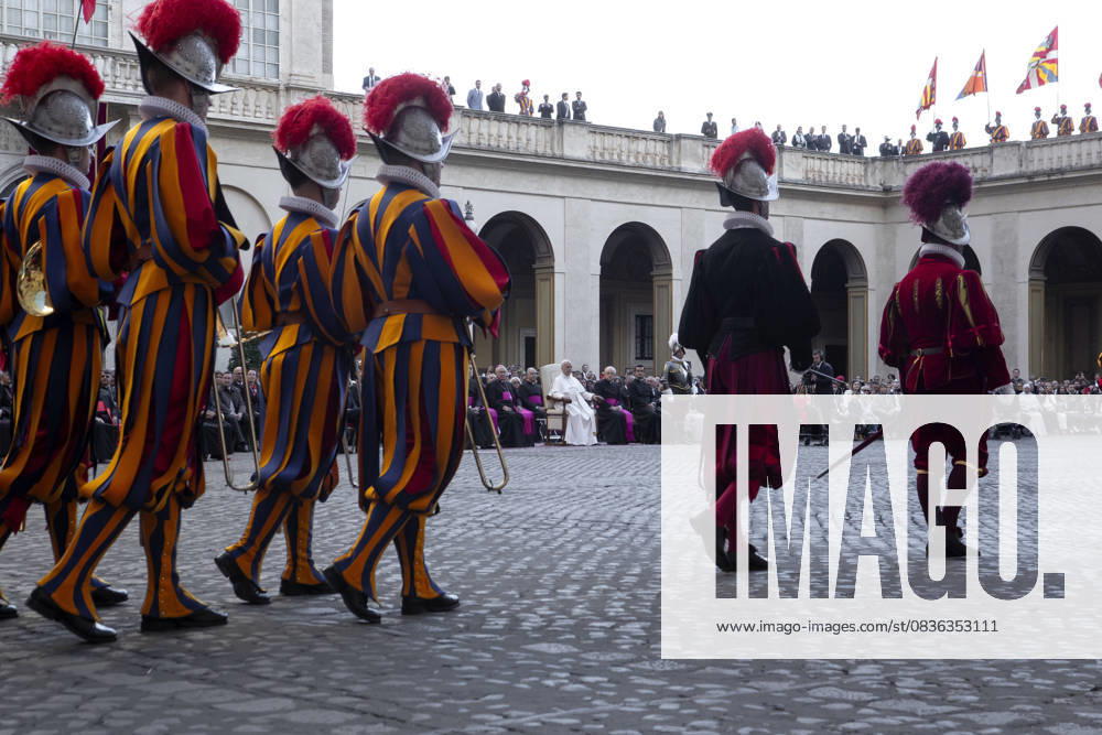 Pope Leo XIV attends the Swearing-in ceremony of 27 new Swiss Guard recruits, in the San Damaso Courtyard at the Vatican Vatican City Vatican - ZUMAs197 20251004_aaa_s197_1186