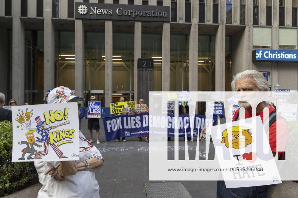 Demonstrators denouncing Fox News as extremist right-wing propaganda in support of President Trump s administration hold a banner and signs that read FOX LIES DEMOCRACY DIES I LOVE HATE NO! KINGS with cartoon images of President Trump and Uncle Sam outside of News Corp s Fox News Channel in midtown Manhattan. Protesters with the activist groups Rise & Resist and Truth Tuesdays come to Fox News weekly calling for truth in journalism and denouncing authoritarianism, oligarchy, fascism, and Trump s agenda. New York USA - ZUMAr174 20251007_znp_r174_026