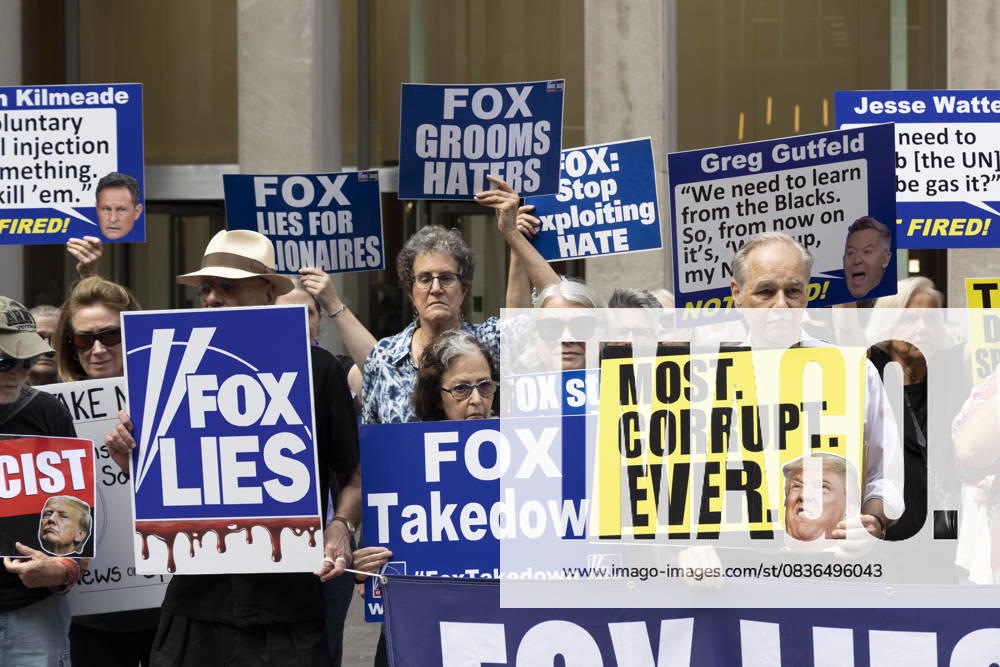 Demonstrators denouncing Fox News as extremist right-wing propaganda in support of President Trump s administration hold signs that read FOX LIES MOST. CORRUPT. EVER. with an image of President Trump FOX Takedown FOX grooms HATERS and signs with images of Fox anchors G. Gutfeld and B. Kilmeade outside of News Corp s Fox News Channel in midtown Manhattan. Protesters with the activist groups Rise & Resist and Truth Tuesdays come to Fox News weekly calling for truth in journalism and denouncing authoritarianism, oligarchy, fascism, and Trump s agenda. New York USA - ZUMAr174 20251007_znp_r174_029