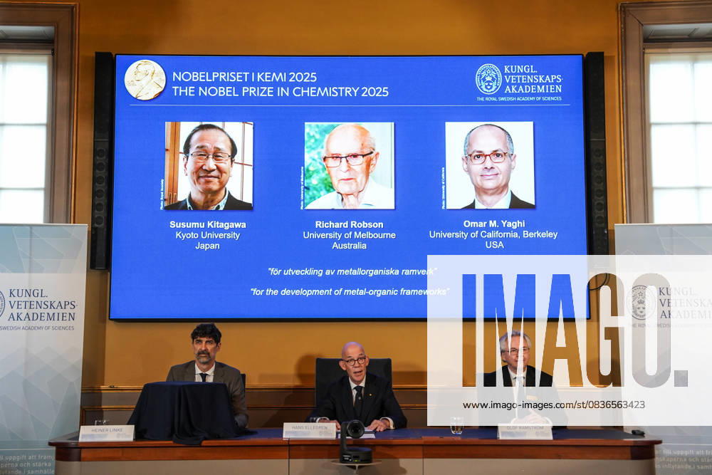 (251008) -- STOCKHOLM, Oct. 8, 2025 -- The 2025 Nobel Prize in Chemistry is announced in Stockholm, Sweden, Oct. 8, 2025. Susumu Kitagawa, Richard Robson and Omar M. Yaghi were awarded the 2025 Nobel Prize in Chemistry on Wednesday for developing metal-organic frameworks (MOFs), the Royal Swedish Academy of Sciences announced. ) SWEDEN-STOCKHOLM-NOBEL PRIZE IN CHEMISTRY PengxZiyang