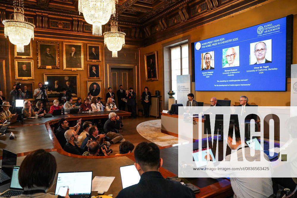 (251008) -- STOCKHOLM, Oct. 8, 2025 -- The 2025 Nobel Prize in Chemistry is announced in Stockholm, Sweden, Oct. 8, 2025. Susumu Kitagawa, Richard Robson and Omar M. Yaghi were awarded the 2025 Nobel Prize in Chemistry on Wednesday for developing metal-organic frameworks (MOFs), the Royal Swedish Academy of Sciences announced. ) SWEDEN-STOCKHOLM-NOBEL PRIZE IN CHEMISTRY PengxZiyang