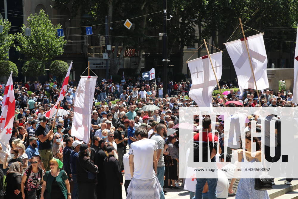 Police intervene in protesters during anti-LGBT demo in Tbilisi TBILISI, GEORGIA - JULY 05: People gather to stage a protest against LGBT members rally, which is planned for tonight, at Shota Rustaveli Street in Tbilisi, Georgia on July 05, 2021. T bilisi Georgia. Editorial use only. Please get in touch for any other usage.