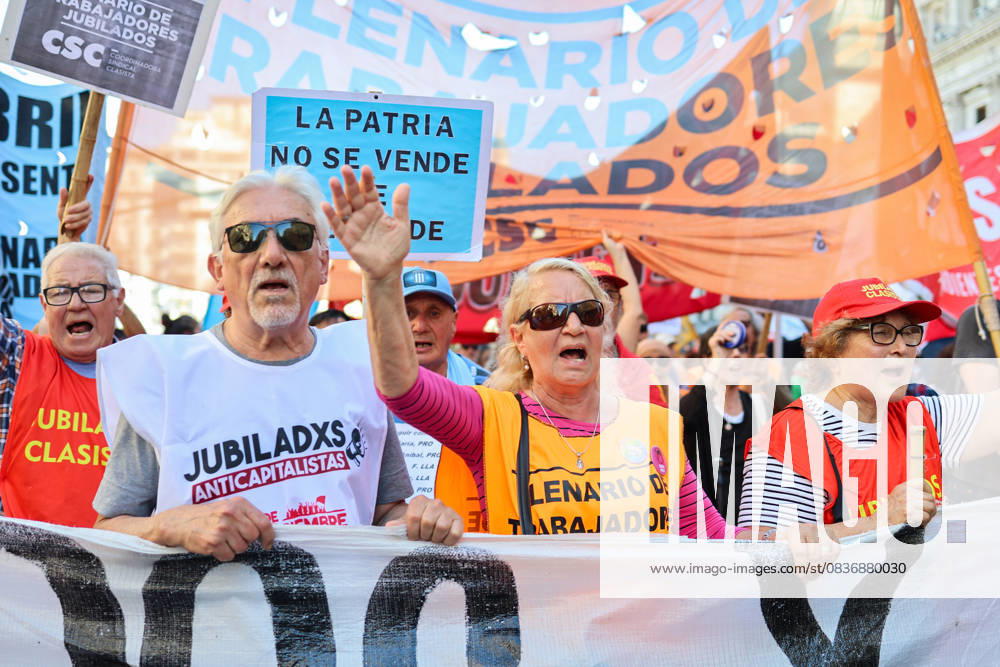 Retirees and pensioners protest in the streets against President Javier Mileiâ€⠢s austerity measures in front of the National Congress. Buenos Aires Argentina - ZUMAp265 20251008_zip_p265_004