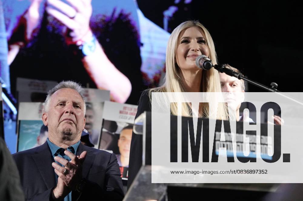Scene in Tel Aviv U.S. President Donald Trump s daughter Ivanka Trump, flanked by U.S. special envoy to the Middle East Steve Witkoff,(L) speaks as people call for the early release of hostages held by Hamas during a rally in Tel Aviv on Oct. 11, 2025, a day after a cease-fire between Hamas and Israel went into effect in the Gaza Strip. A14AA0004933473P