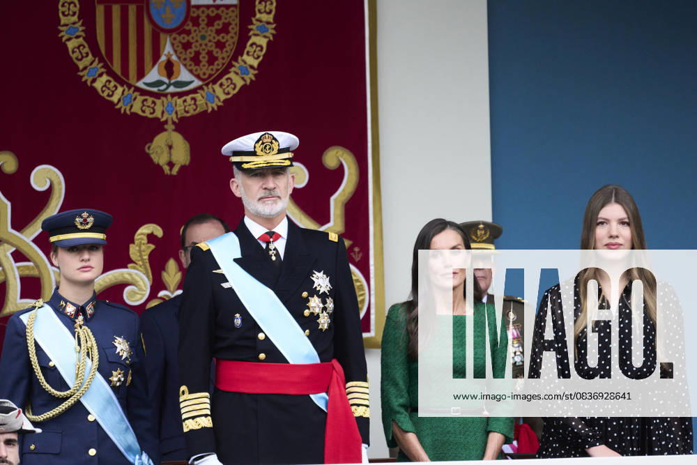 Madrid Princess Leonor and Princess Sofia and Queen Letizia and King Felipe attend the tribute ceremony to the national flag and the military parade during the National Day, Dia de la Hispanidad, at Plaza de Canovas del Castillo in Madrid. No Spain Â