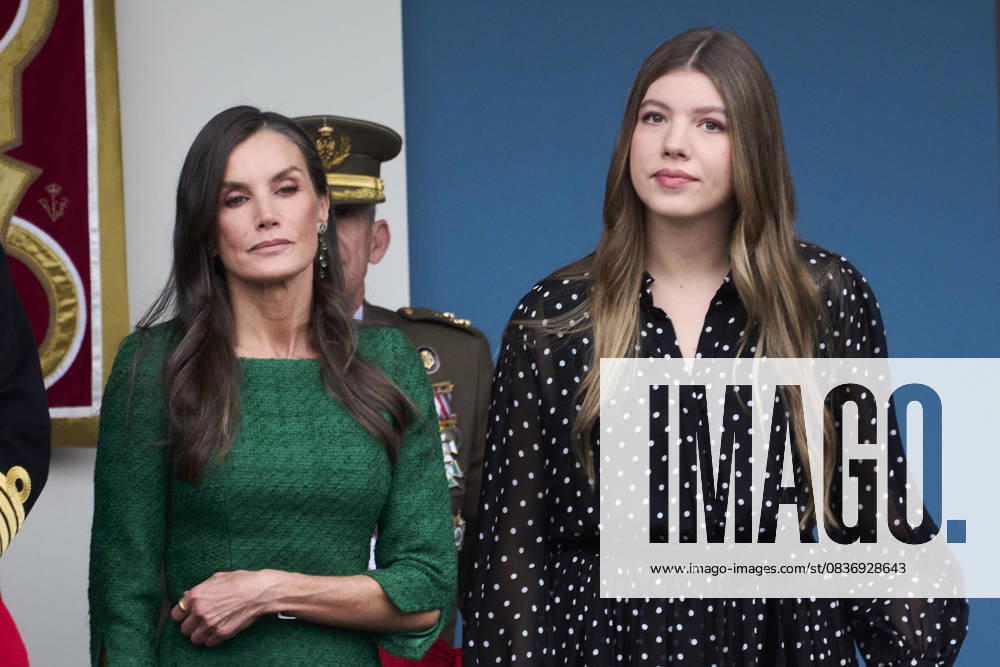 Madrid Princess Sofia and Queen Letizia attend the tribute ceremony to the national flag and the military parade during the National Day, Dia de la Hispanidad, at Plaza de Canovas del Castillo in Madrid. No Spain Â