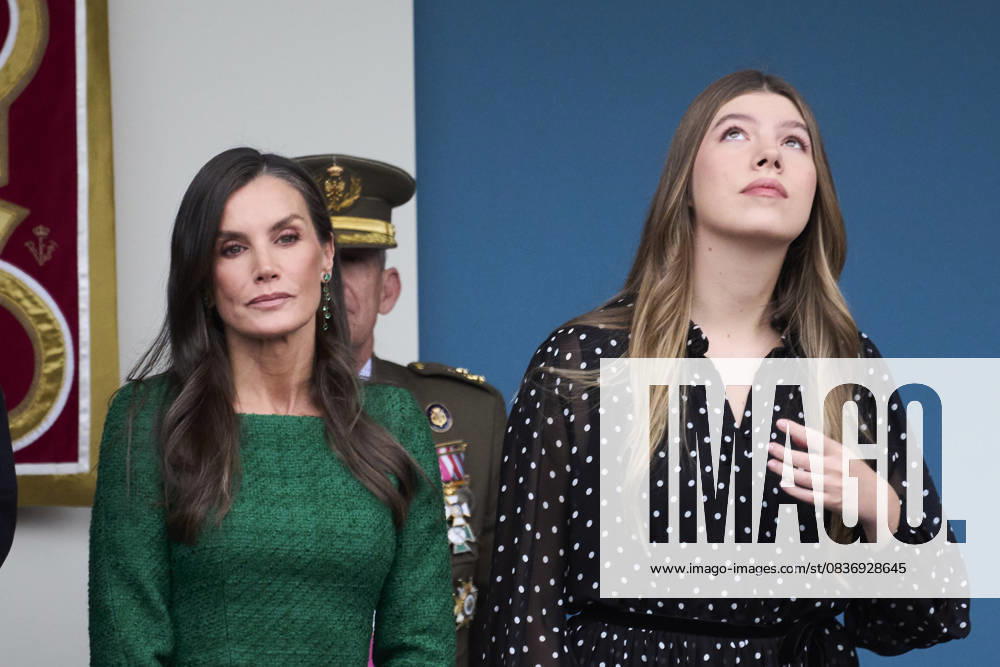 Madrid Princess Sofia and Queen Letizia attend the tribute ceremony to the national flag and the military parade during the National Day, Dia de la Hispanidad, at Plaza de Canovas del Castillo in Madrid. No Spain Â