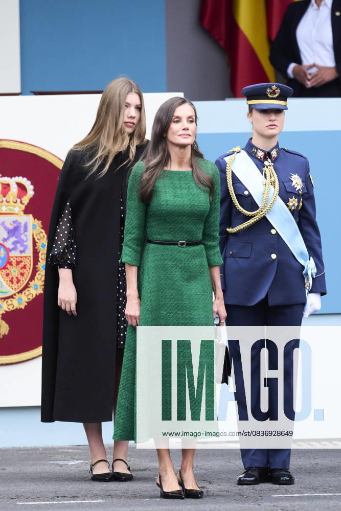 Madrid Princess Leonor and Princess Sofia and Queen Letizia attend the tribute ceremony to the national flag and the military parade during the National Day, Dia de la Hispanidad, at Plaza de Canovas del Castillo in Madrid. No Spain Â