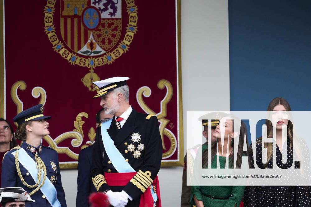Madrid Princess Leonor and Princess Sofia and Queen Letizia and King Felipe attend the tribute ceremony to the national flag and the military parade during the National Day, Dia de la Hispanidad, at Plaza de Canovas del Castillo in Madrid. No Spain Â