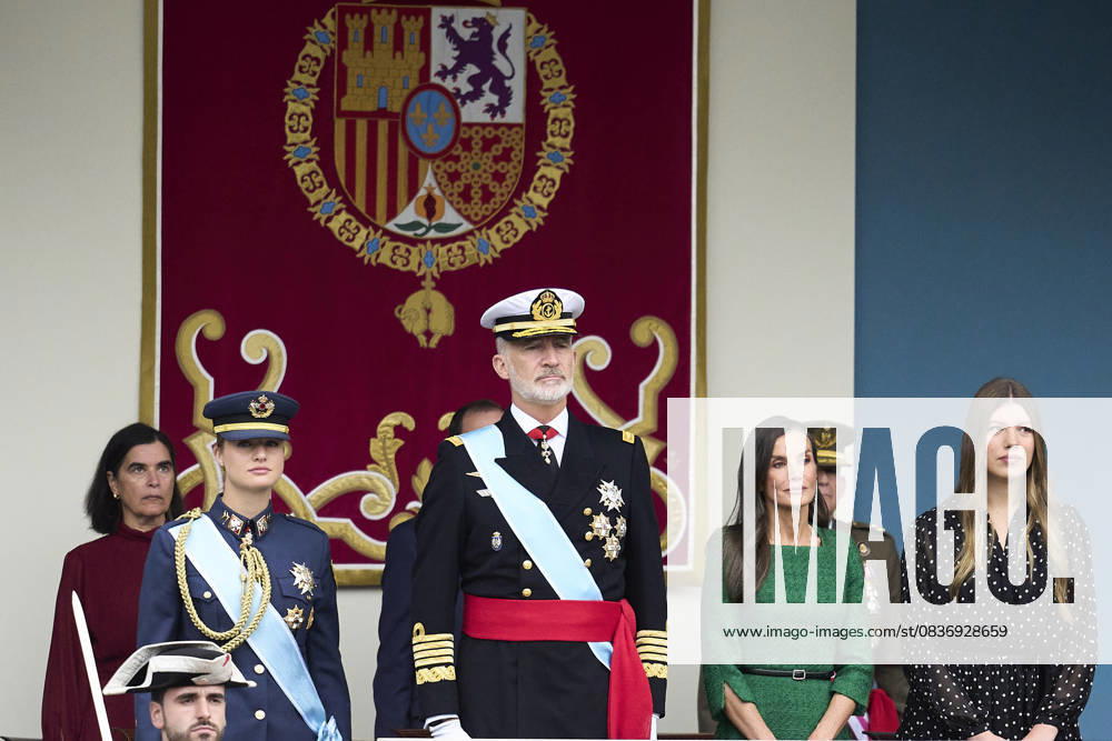 Madrid Princess Leonor and Princess Sofia and Queen Letizia and King Felipe attend the tribute ceremony to the national flag and the military parade during the National Day, Dia de la Hispanidad, at Plaza de Canovas del Castillo in Madrid. No Spain Â