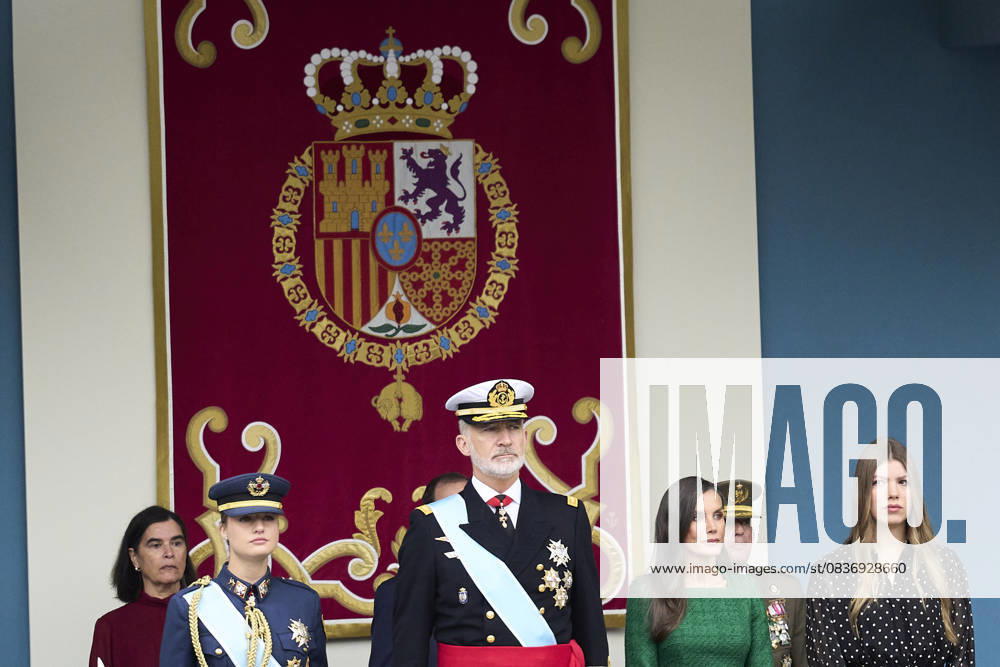 Madrid Princess Leonor and Princess Sofia and Queen Letizia and King Felipe attend the tribute ceremony to the national flag and the military parade during the National Day, Dia de la Hispanidad, at Plaza de Canovas del Castillo in Madrid. No Spain Â
