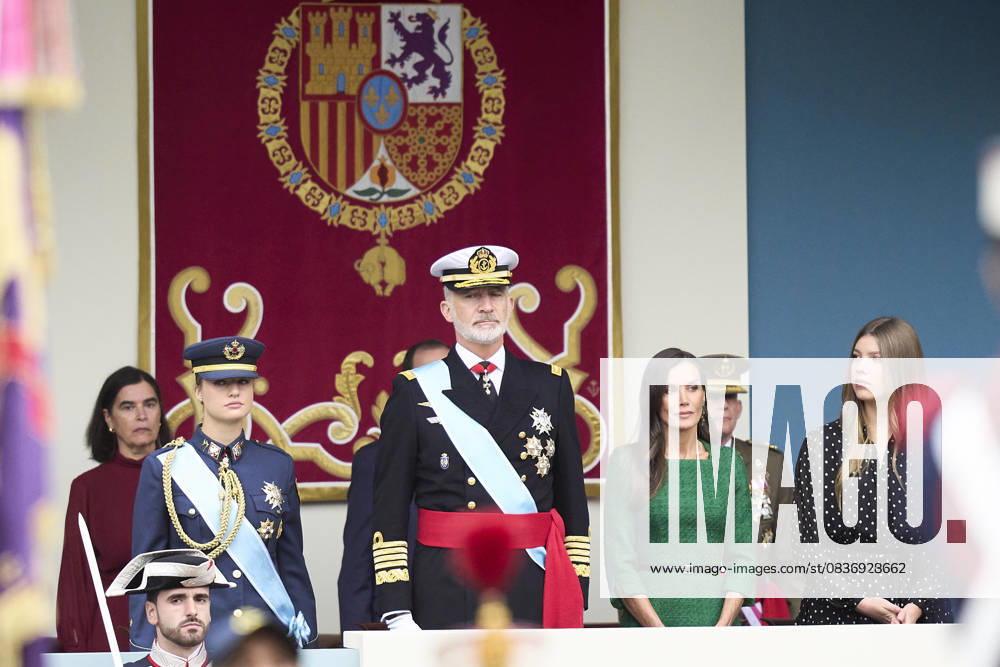 Madrid Princess Leonor and Princess Sofia and Queen Letizia and King Felipe attend the tribute ceremony to the national flag and the military parade during the National Day, Dia de la Hispanidad, at Plaza de Canovas del Castillo in Madrid. No Spain Â