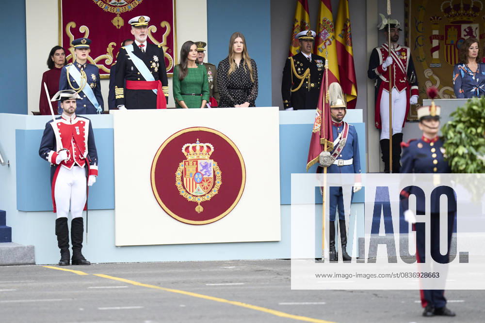 Madrid Princess Leonor and Princess Sofia and Queen Letizia and King Felipe attend the tribute ceremony to the national flag and the military parade during the National Day, Dia de la Hispanidad, at Plaza de Canovas del Castillo in Madrid. No Spain Â