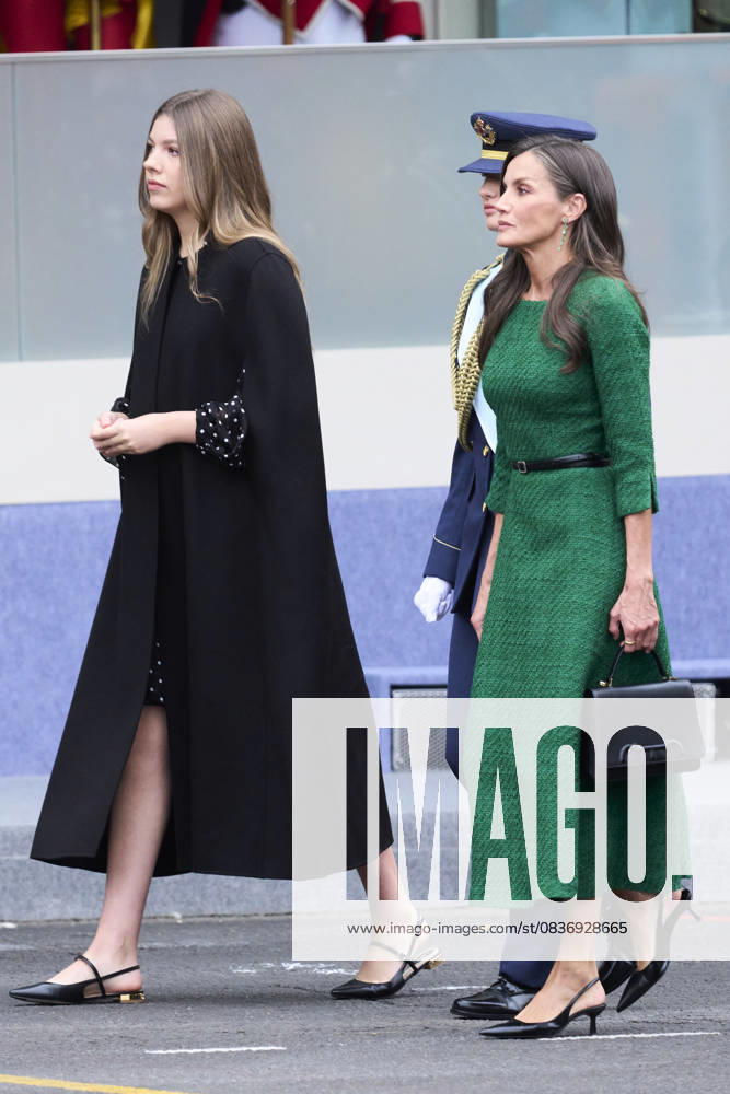 Madrid Princess Sofia and Queen Letizia attend the tribute ceremony to the national flag and the military parade during the National Day, Dia de la Hispanidad, at Plaza de Canovas del Castillo in Madrid. No Spain Â