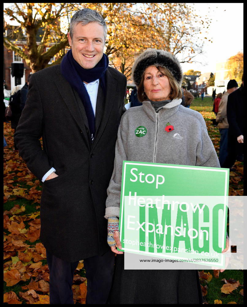 London, United Kingdom. Zac Goldsmith Heathrow rally. Richmond. Independent candidate for Richmond Zac Goldsmith with his mother Lady Annabel Goldsmith, at a rally on Richmond Green, against the Heathrow expansion. Zac Goldsmith with supporters of NO to the 3rd Runway at Heathrow.