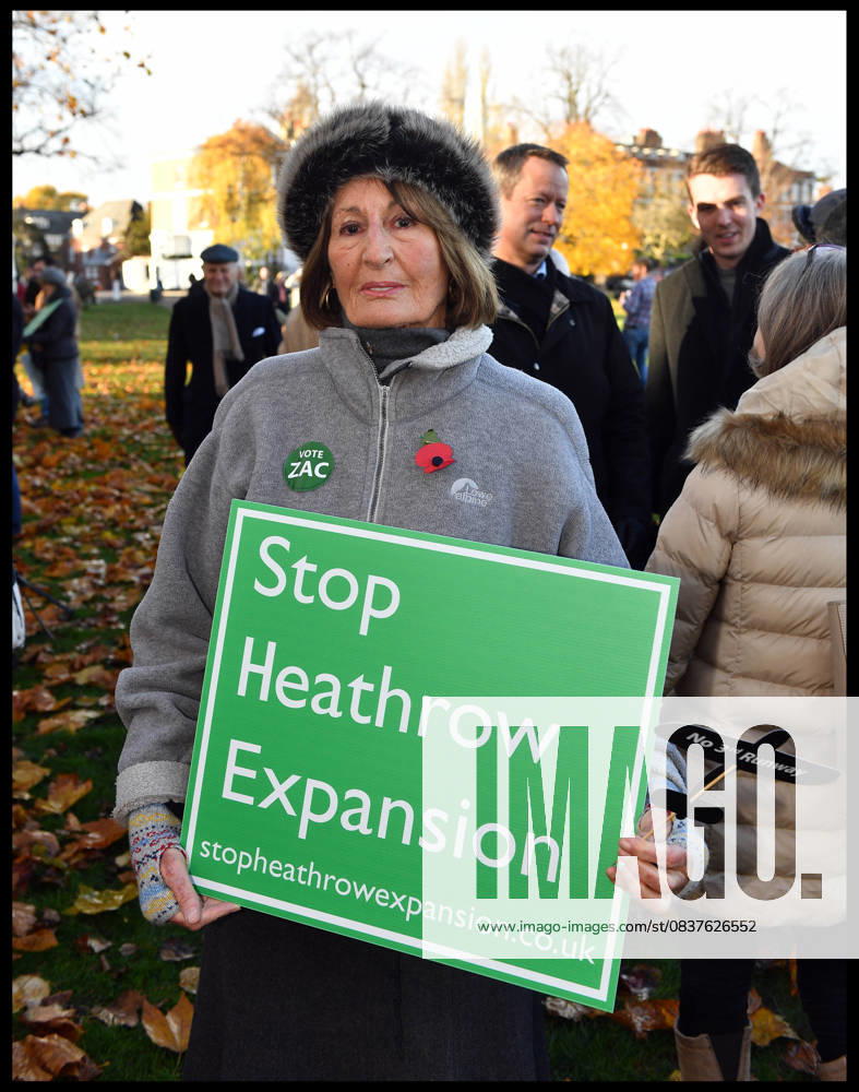 London, United Kingdom. Zac Goldsmith Heathrow rally. Richmond. Independent candidate for Richmond Zac Goldsmith s mother Lady Annabel Goldsmith, at a rally on Richmond Green, against the Heathrow expansion. Zac Goldsmith with supporters of NO to the 3rd Runway at Heathrow.