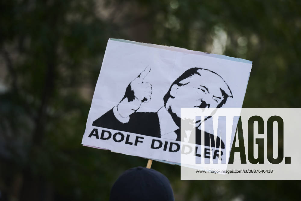 Protester holds a sign with an image of Donald Trump with a Hitler style mustache that reads, â€oeAdolf Diddler†in the New York City No Kings protest in opposition to measures Donald Trump has taken to install authoritarian style rule. New York USA - ZUMAl171 20251018_znp_l171_031