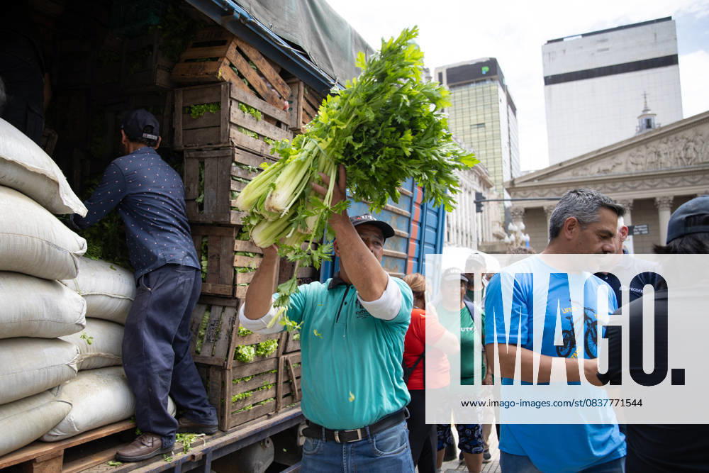 Farmers discharge fresh vegetables from a truck. A gesture of protest in Plaza de Mayo against the sectorâ€⠢s deepening production and consumption crisis. Buenos Aires Argentina - ZUMAp265 20251016_zip_p265_007