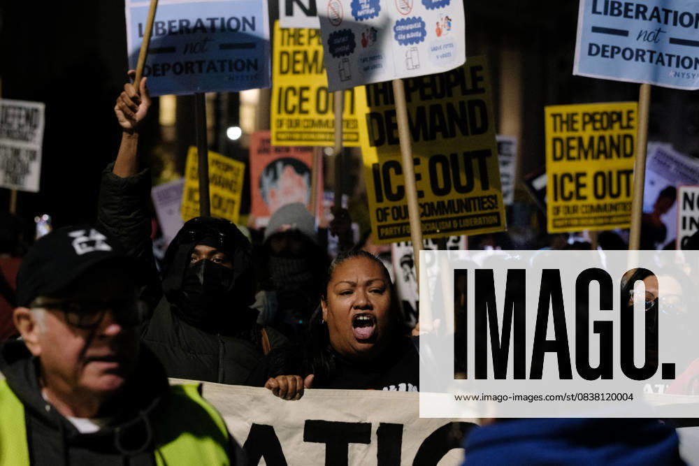 Protesters march up Centre Street while holding signs demanding ICE, and troops, out of New York City, during a demonstration at Foley Square, in New York, on Wednesday, Oct. 22, 2025. This response comes after more than 50 federal agents arrested immigrant vendors at Canal Street, lower Manhattan, on Tuesday. New York USA - ZUMAs368 20251022_zip_s368_002