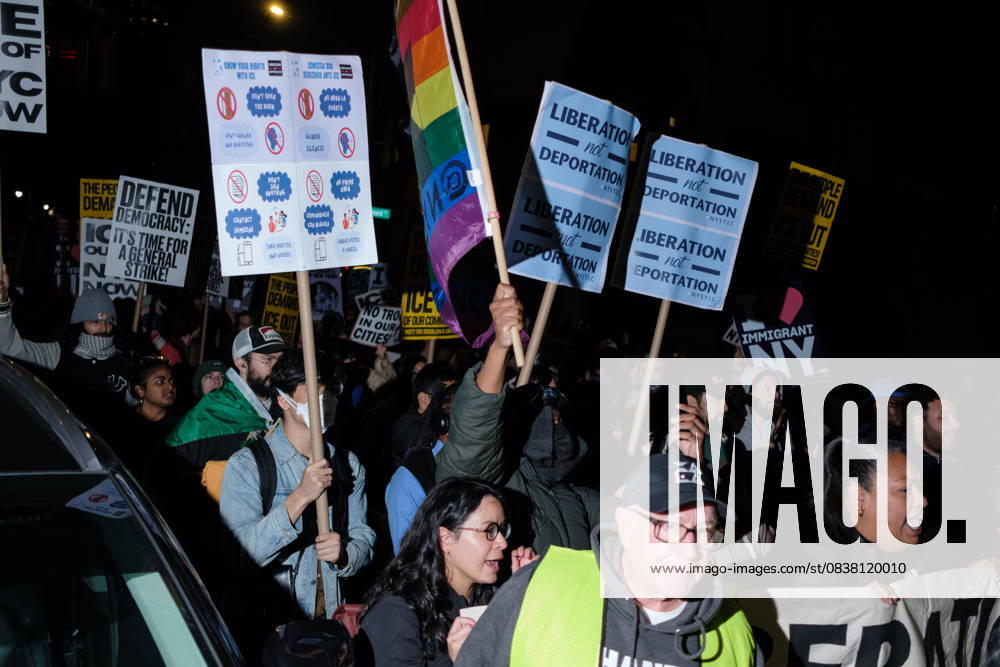 Protesters march up Centre Street while holding signs demanding ICE, and troops, out of New York City, during a demonstration at Foley Square, in New York, on Wednesday, Oct. 22, 2025. This response comes after more than 50 federal agents arrested immigrant vendors at Canal Street, lower Manhattan, on Tuesday. New York USA - ZUMAs368 20251022_zip_s368_007