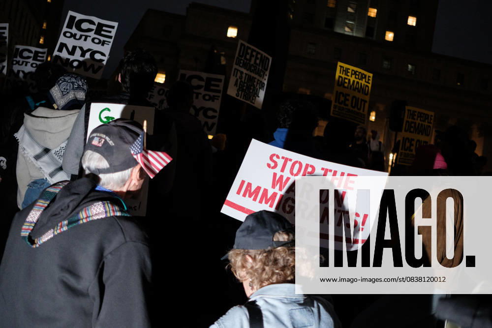 A protester hold a sign saying â€oeStop The War On Immigrants†during a demonstration at Foley Square, in New York, on Wednesday, Oct. 22, 2025. This response comes after more than 50 federal agents arrested immigrant vendors at Canal Street, lower Manhattan, on Tuesday. New York USA - ZUMAs368 20251022_zip_s368_010