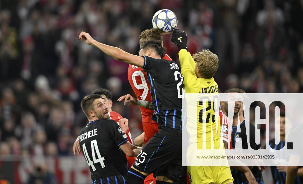Strafraumszene, Torraumszene Kopfballduell Zweikampf Aktion Torwart Nordin Jackers Club Brugge FC Brügge (29) gegen Harry Kane FC Bayern München FCB (09) Aleksandar Stankovic Club Brugge FC Brügge (25) Brandon Mechele Club Brugge FC Brügge (44) Champions League, Allianz Arena, München, Bayern, Deutschland Penalty area scene, goal room scene header duel duel action goalkeeper Nordin Jackers Club Brugge FC Brugge FC Brugge (29) against Harry Kane FC Bayern Munich FCB (09) Aleksandar Stankovic Club Brugge FC Brugge FC Brugge (44) Champions League, Allianz Arena, Munich, Bayern, Germany