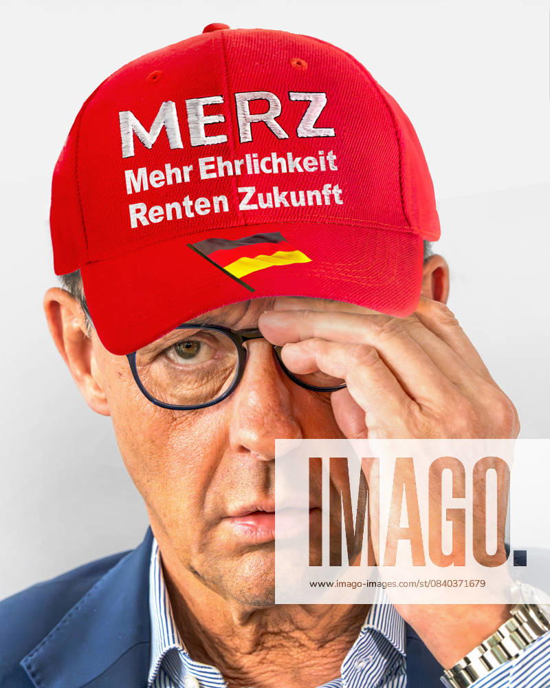 Bundeskanzler Friedrich Merz mit Basecap und Slogan MERZ Mehr Ehrlichkeit Renten Zukunft, Satire zur überfälligen Rentenreform und zu Generationengerechtigkeit, Fotomontage, November 2025 Deutschland, Berlin, November 2025, Bundeskanzler Friedrich Merz, 70, Satire, Fotomontage mit Basecap, und dem Slogan MERZ Mehr Ehrlichkeit Renten Zukunft, Symbolfoto zur aktuellen Rentendiskussion um Generationengerechtigkeit, Belastung der jungen Generation zugunsten der Millionen Rentner, Millionen Babyboomer gehen aktuell in Rente, das Rentenniveau wird aber von der Regierung bei 48 % garantiert, die überfällige Reform des Rentensystems wird von der Bundesregierung nur zaghaft angegangen, Rentenreform angesichts des demografischen Wandels,