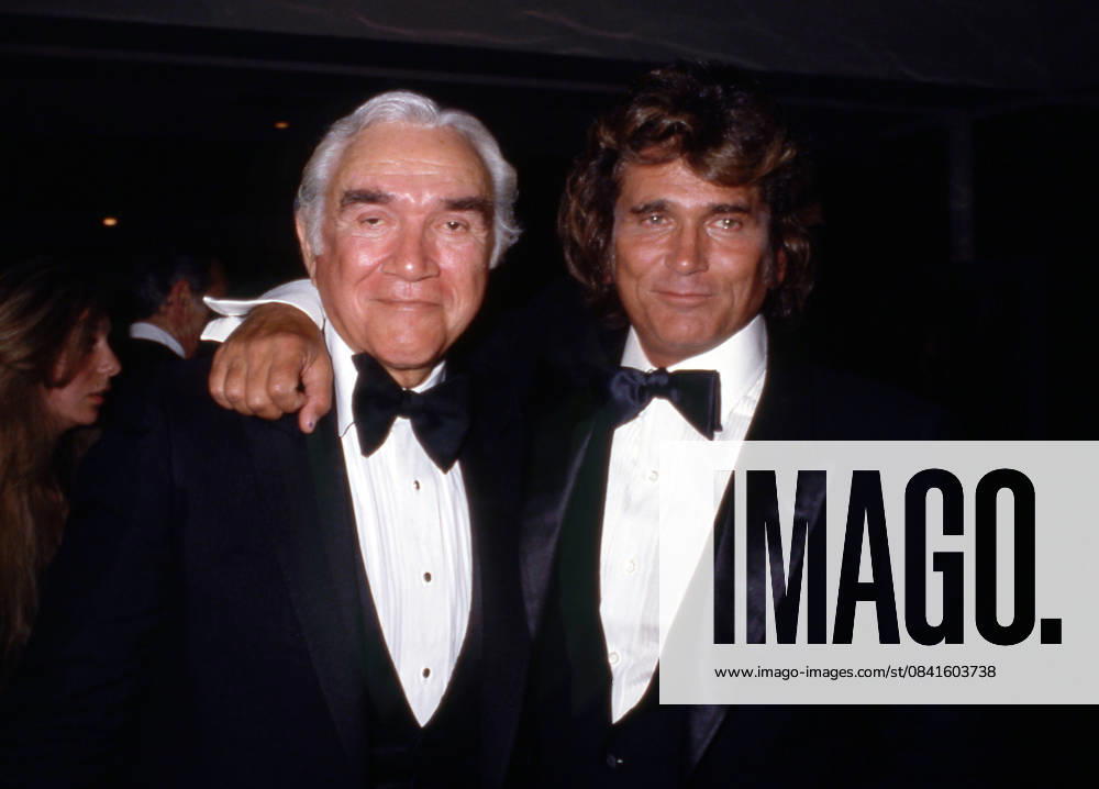 Michael Landon and Lorne Greene at the Sam s Son Beverly Hills Premiere on August 15, 1984 at the Academy Theatre in Beverly Hills, California.