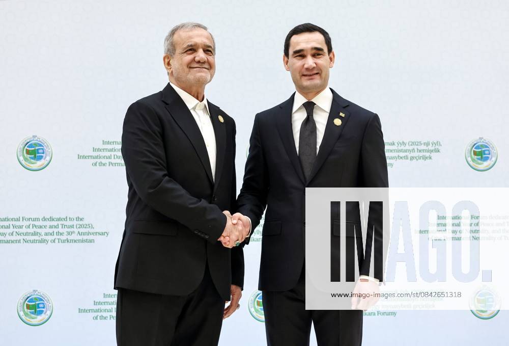 Turkmenistan Russia 9069917 12.12.2025 Iranian President Masoud Pezeshkian is welcomed by Turkmen President Serdar Berdimuhamedov before a plenary session of the International Forum dedicated to the International Year of Peace and Trust, the International Day of Neutrality, and the 30th anniversary of Turkmenistan s neutrality status, at the Congress Centre in Ashgabat, Turkmenistan. Alexander Kazakov Sputnik Ashgabat Turkmenistan