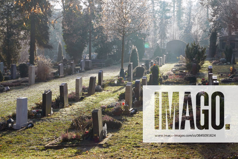 Deutsche Friedhofskultur, Grabfeld mit Grabsteinen im Gegenlicht, Urnengräber, Friedhof im Winter