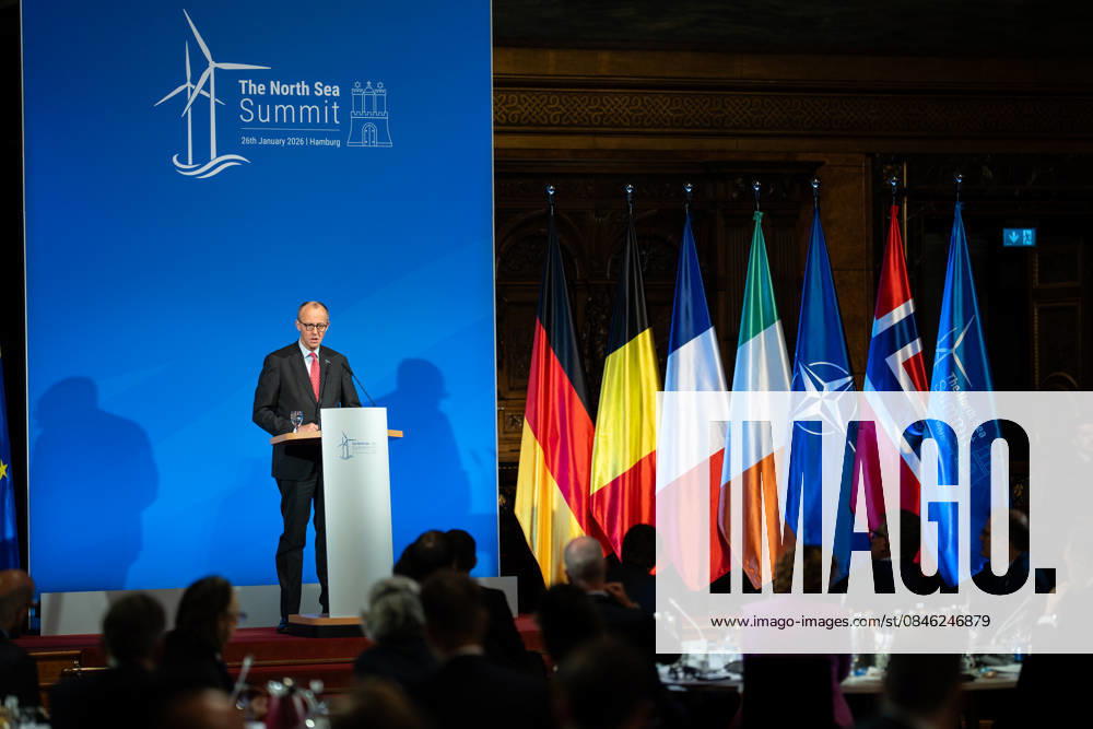 Bundeskanzler Friedrich Merz hält eine Rede im Hamburger Rathaus vor den Teilnehmern des Nordseegipfels;3rd North Sea Summit 2026 in Hamburg, Germany - 3. Nordseegipfel 2026 in Hamburg, Deutschland, Hamburg Hamburg Deutschland Rathaus, Townhall